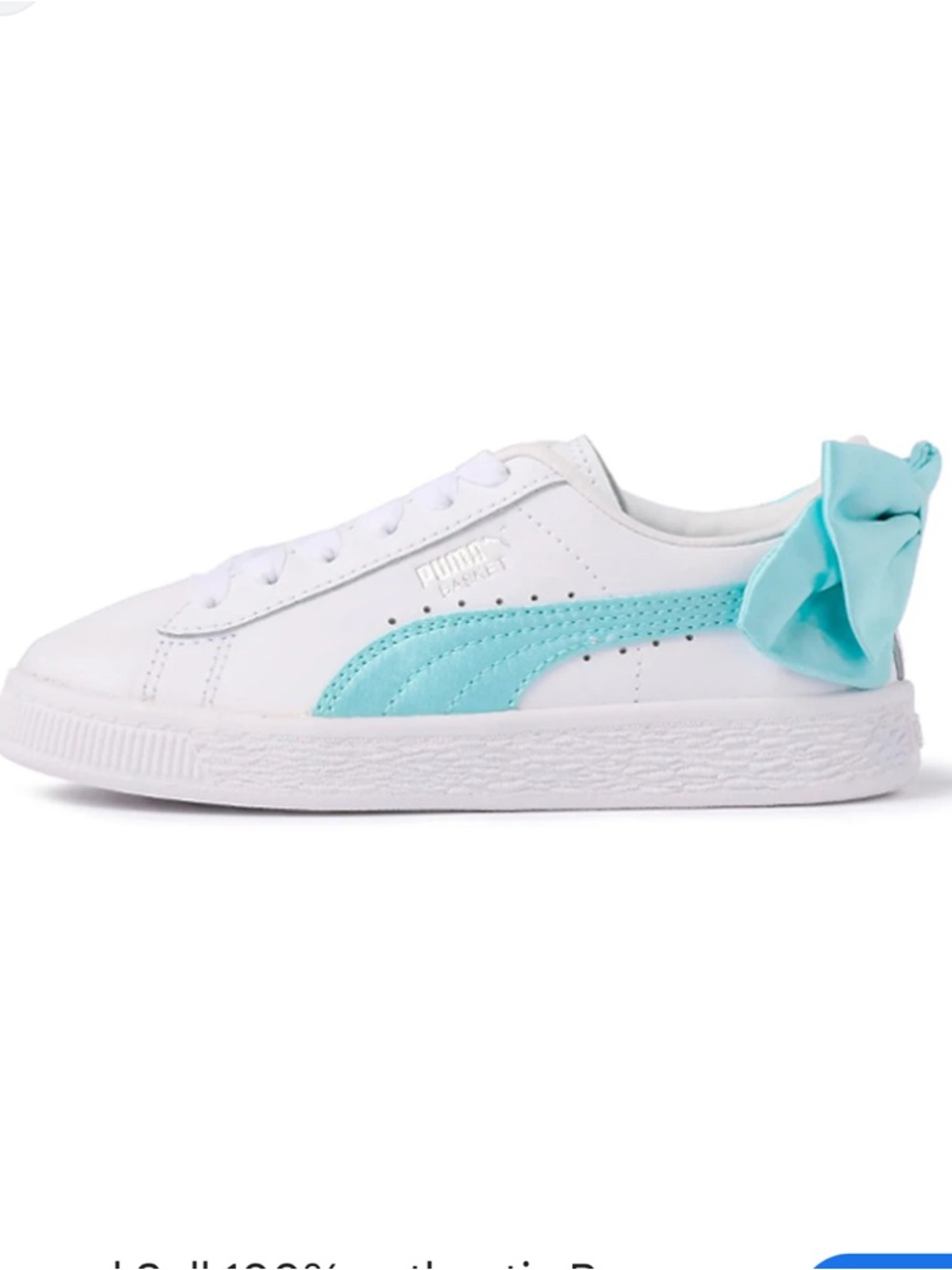 Puma Kids White Sneakers with Aqua Side Stripe and Bow